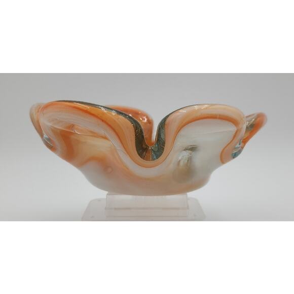 VTG MCM Mexican Handblown Glass Amber White Petal Bowl Flower Shape Trinket Dish - Picture 3 of 11